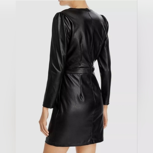 Lucy Paris Women's Black Faux Leather Puff-Sleeve V-Neck Mini Dress Size XS - Picture 4 of 10